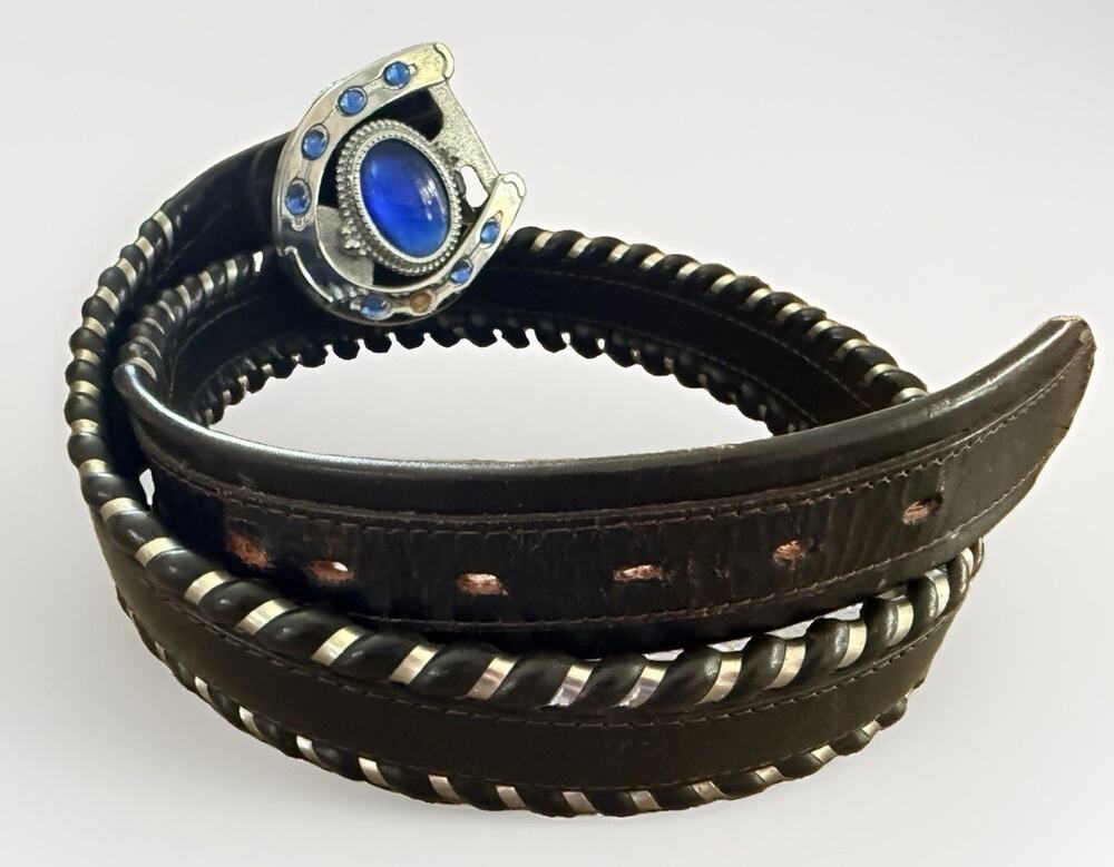 Circle Y Western Leather Belt Mens 38 Silver Braided 8326 Silver And Blue Buckle
